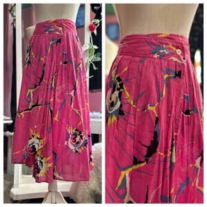 Vintage 80s Abstract Print Mid Skirt Pink Blue Front Draping New Wave S/M